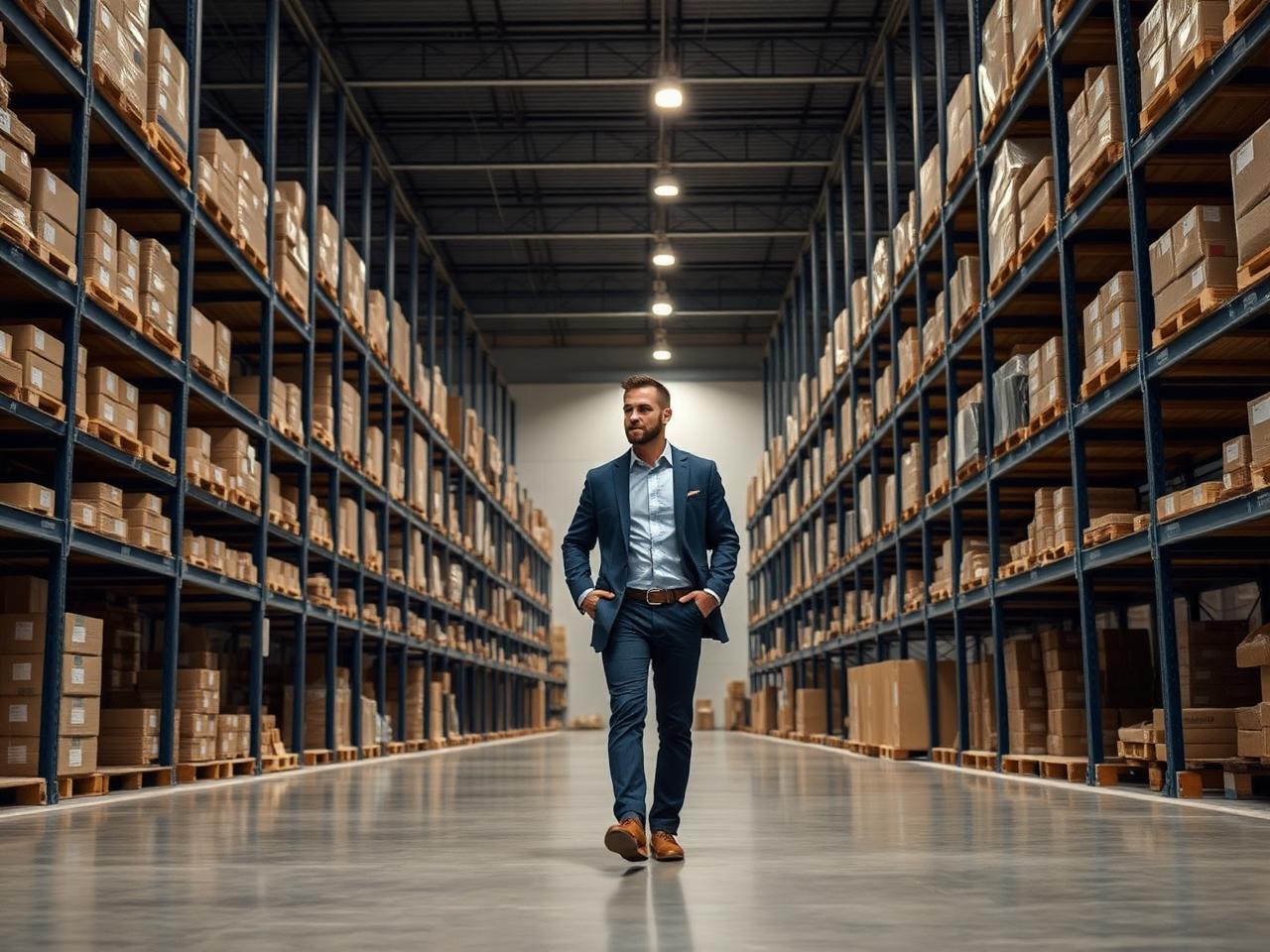 Entrepreneur walking through a commercial warehouse